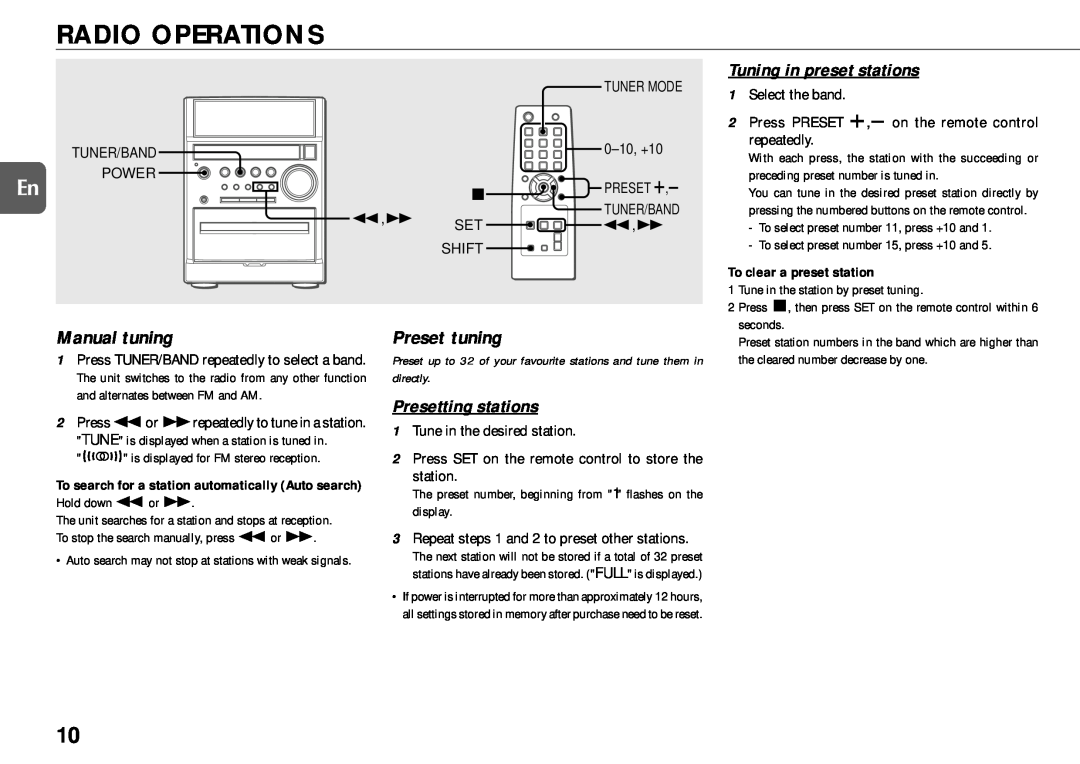 Aiwa XR-EM50 manual Radio Operations, Manual tuning, Preset tuning, Tuning in preset stations, Presetting stations 