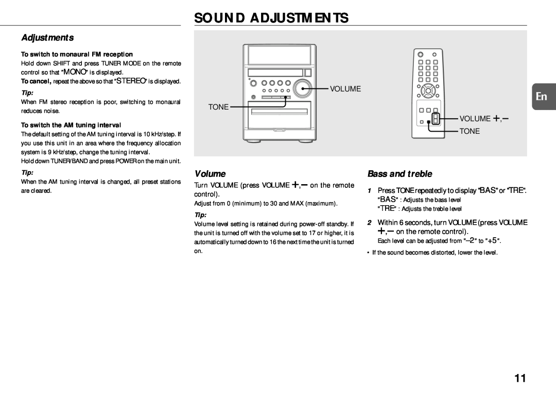 Aiwa XR-EM50 manual Sound Adjustments, Volume, Bass and treble, To switch to monaural FM reception 