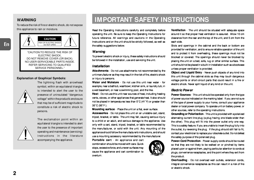Aiwa XR-EM50 manual Installation, Electric Power, Explanation of Graphical Symbols, Important Safety Instructions 