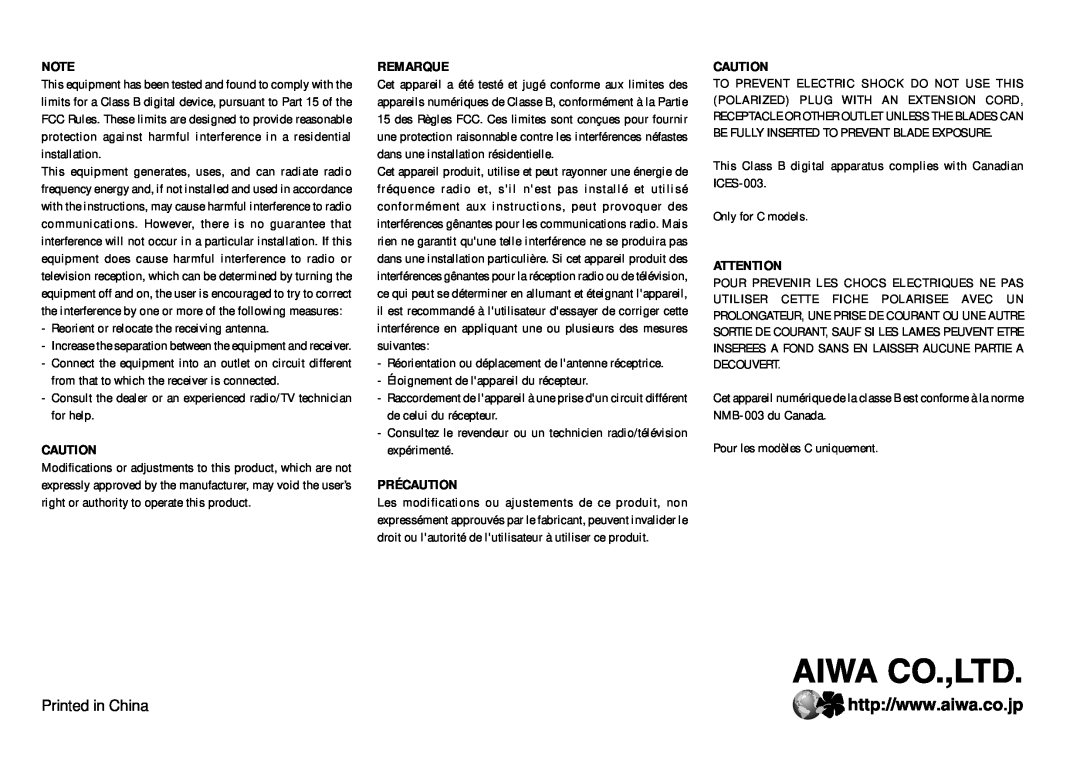 Aiwa XR-EM50 manual Remarque, Précaution 