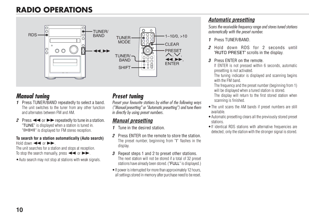 Aiwa XR-FA500 manual Radio Operations, Manual tuning, Preset tuning, Automatic presetting, Manual presetting 