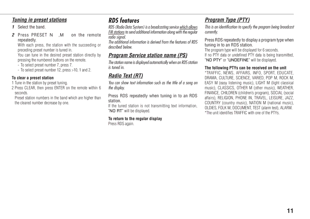 Aiwa XR-FA500 RDS features, Tuning in preset stations, Program Service station name PS, Radio Text RT, Program Type PTY 