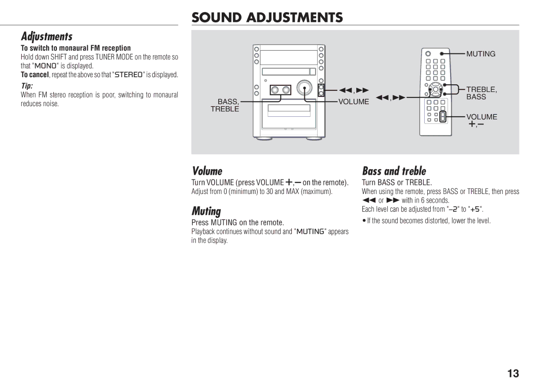 Aiwa XR-FA500 manual Sound Adjustments, Volume, Muting, Bass and treble 