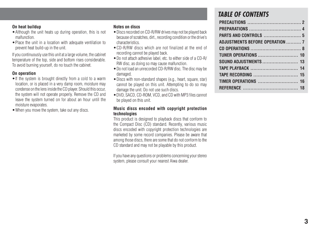 Aiwa XR-FA500 manual Table of Contents 