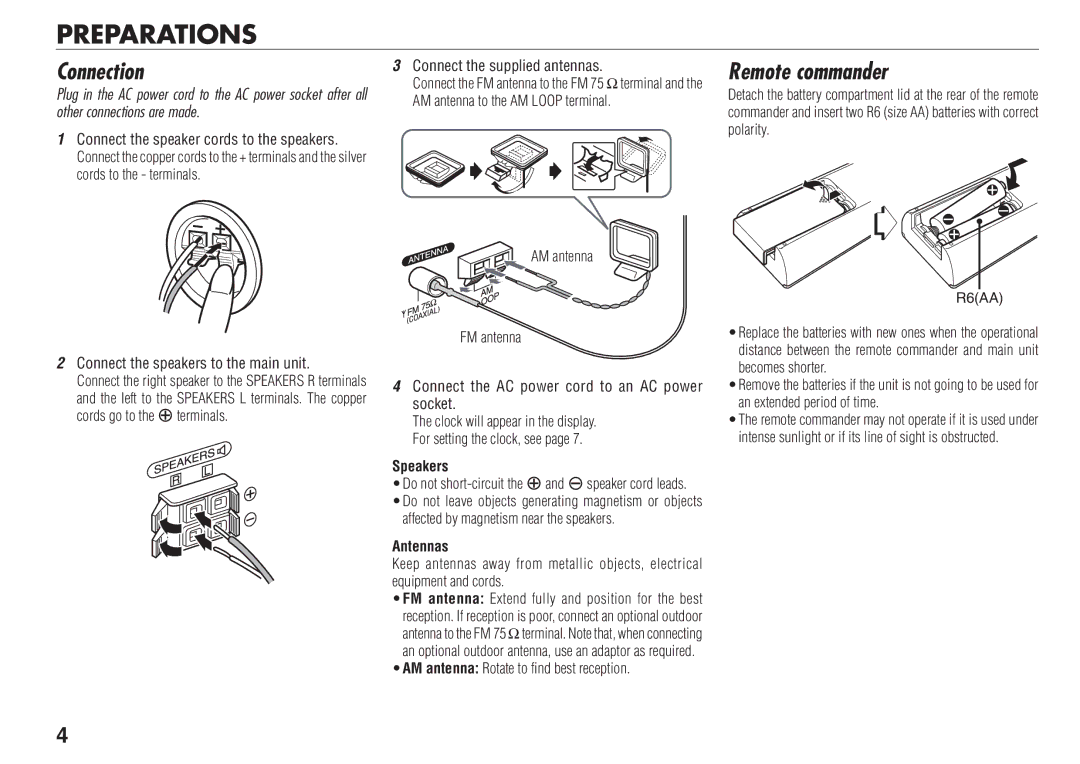 Aiwa XR-FA500 manual Preparations, Connection, Remote commander, Speakers, Antennas 