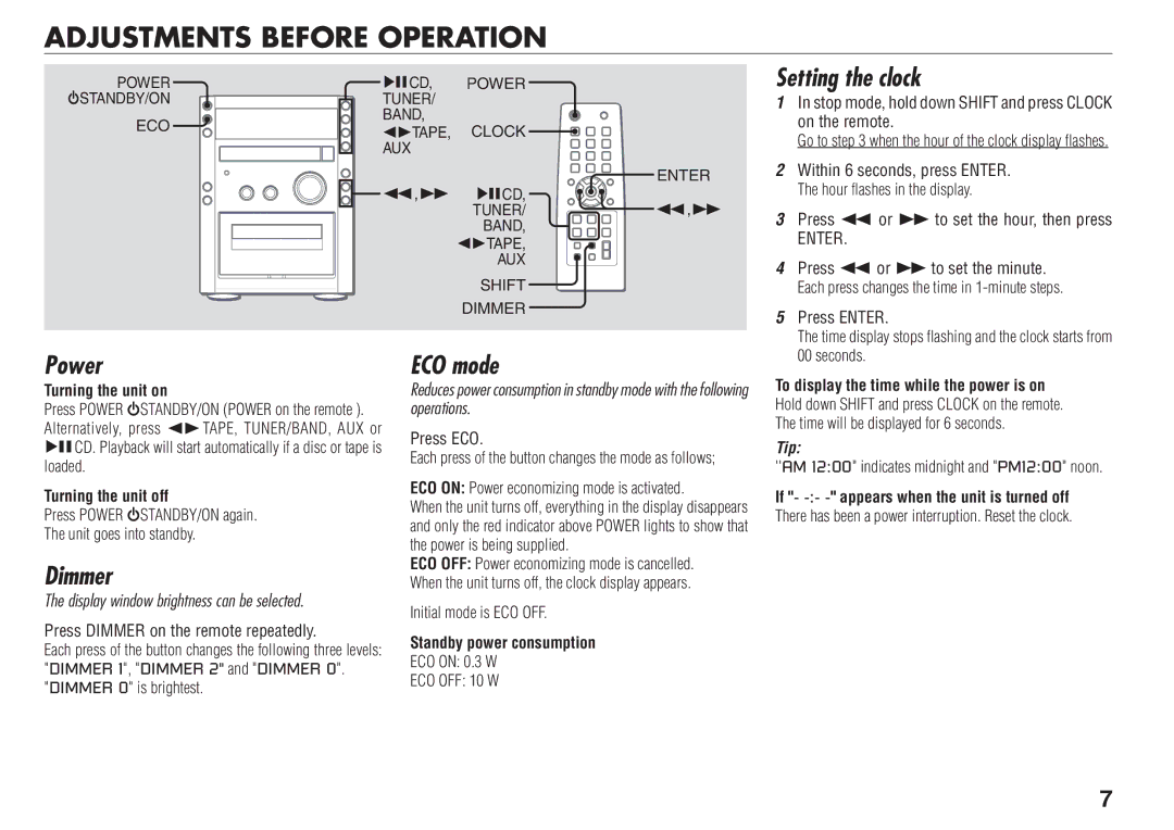 Aiwa XR-FA500 manual Adjustments Before Operation, Setting the clock, Power, Dimmer, ECO mode 