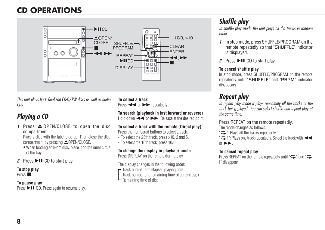 Aiwa XR-FA500 manual CD Operations, Shuffle play, Playing a CD, Repeat play 