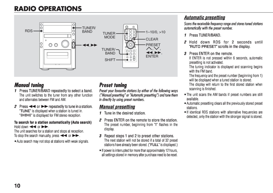 Aiwa XR-FA500 manual Radio Operations, Manual tuning, Preset tuning, Automatic presetting, Manual presetting 
