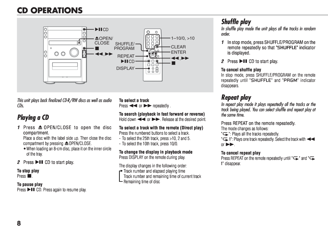 Aiwa XR-FA500 manual Cd Operations, Shuffle play, Playing a CD, Repeat play 