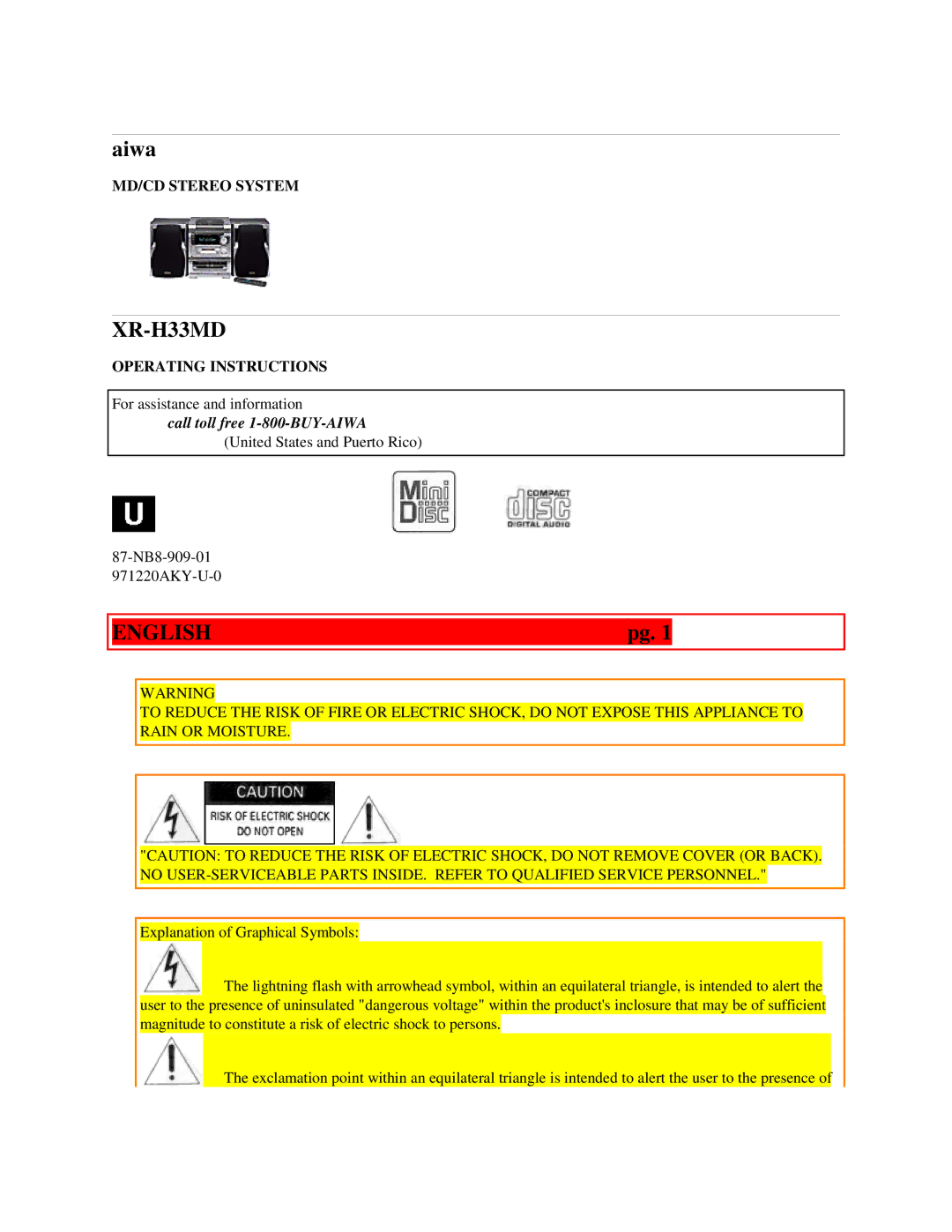 Aiwa XR-H33MD user service English pg 