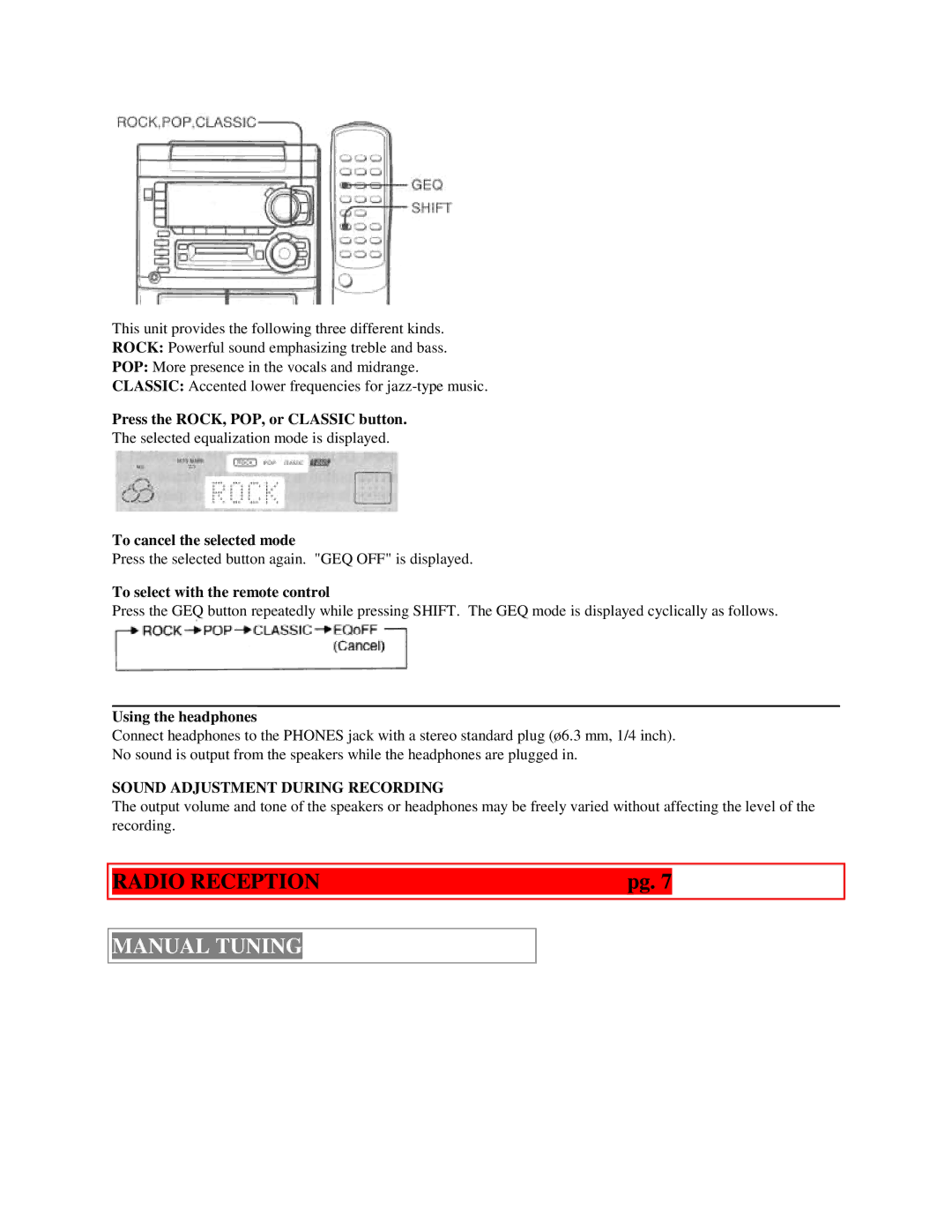 Aiwa XR-H33MD user service Radio Reception, Manual Tuning 