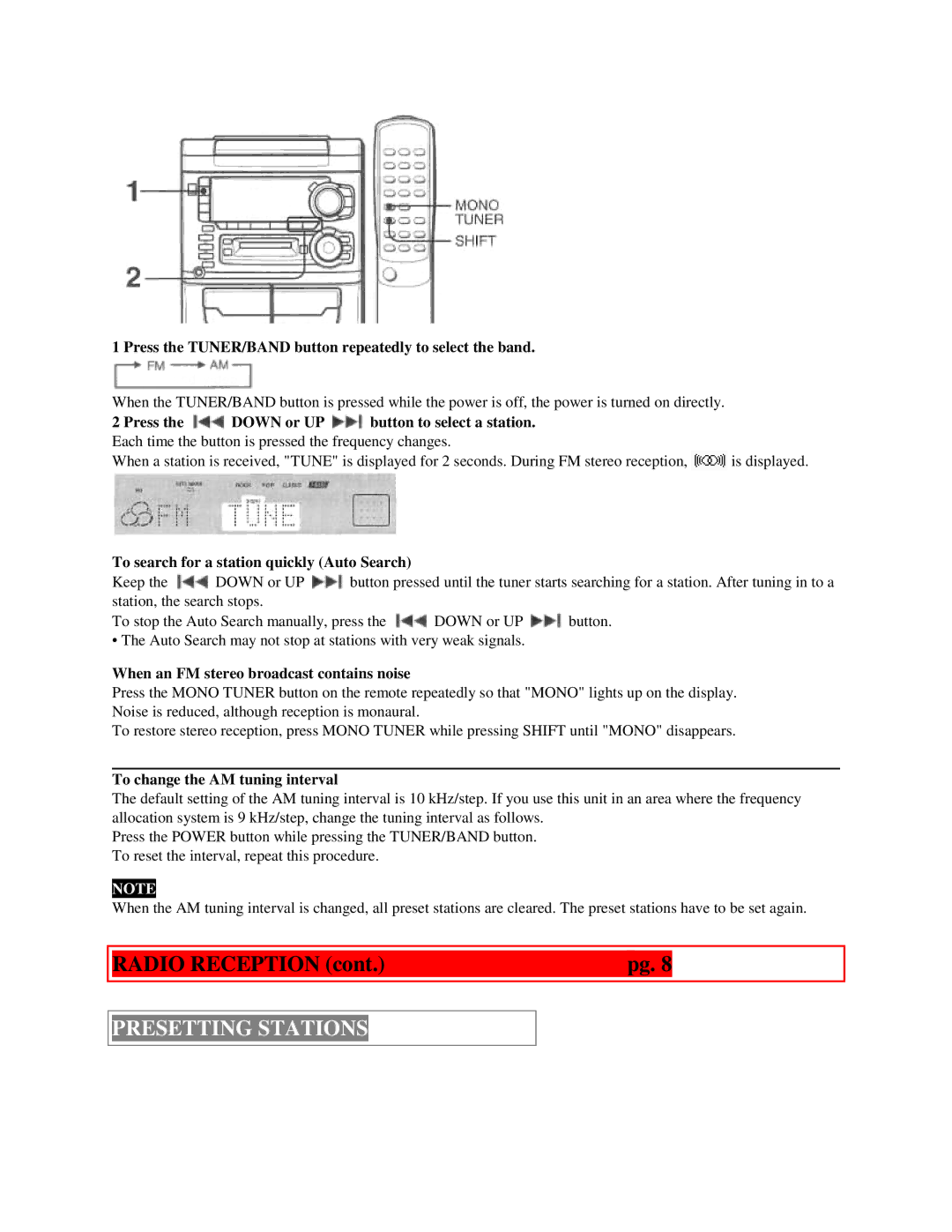 Aiwa XR-H33MD user service Presetting Stations 