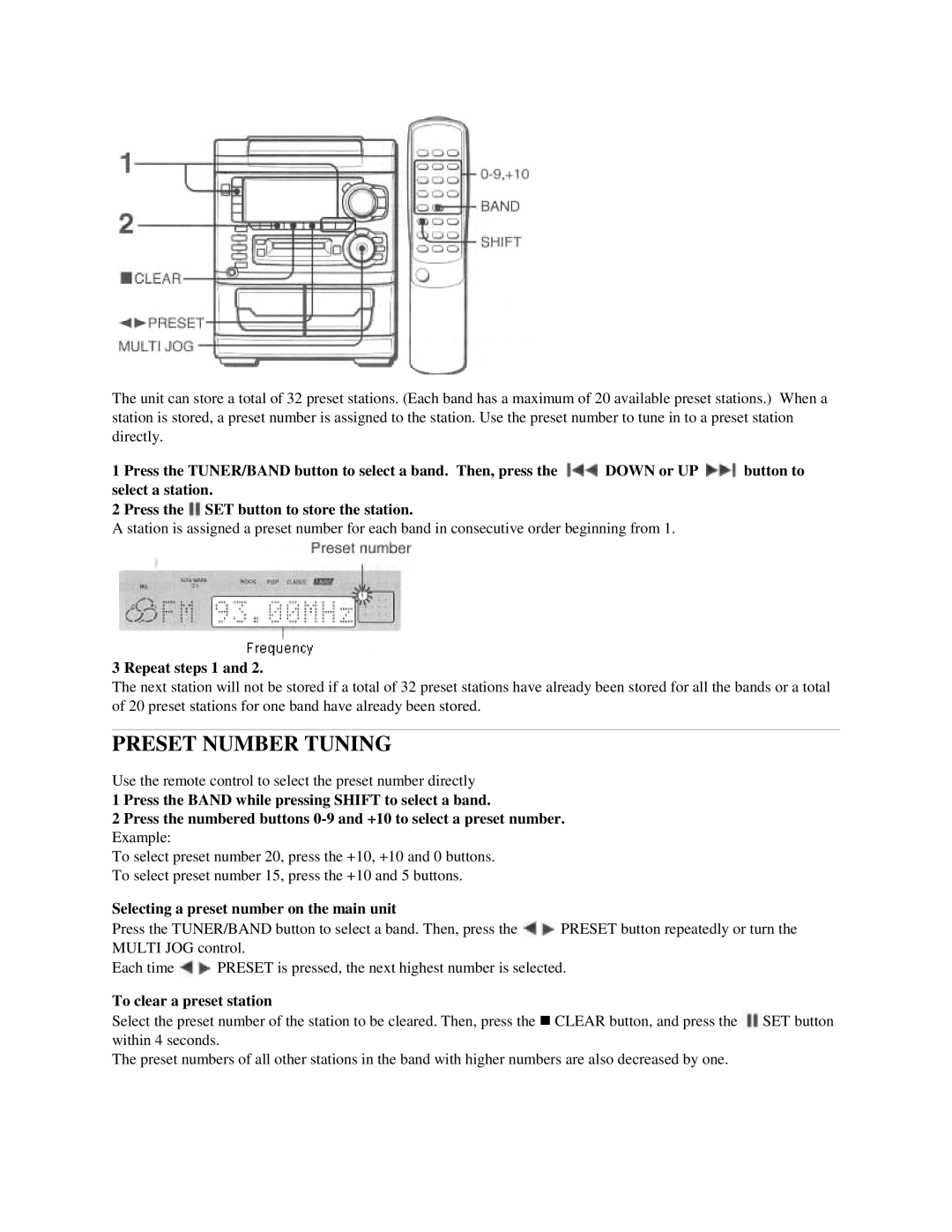 Aiwa XR-H33MD Preset Number Tuning, Repeat steps 1, Selecting a preset number on the main unit, To clear a preset station 