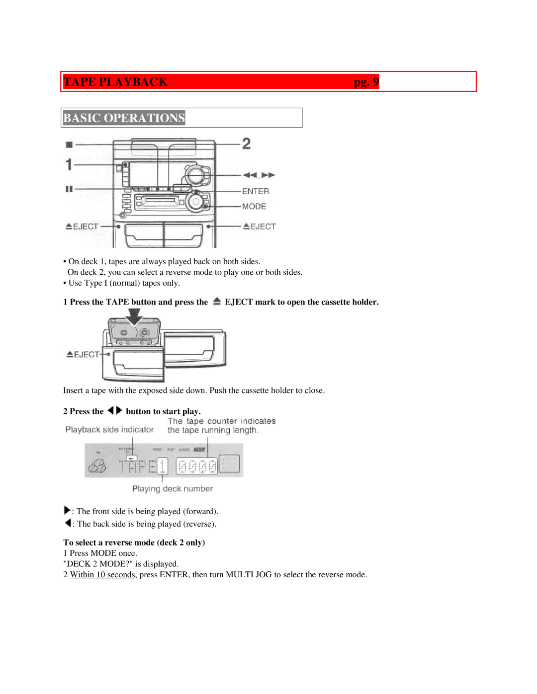 Aiwa XR-H33MD Tape Playback, Basic Operations, Press Button to start play, To select a reverse mode deck 2 only 