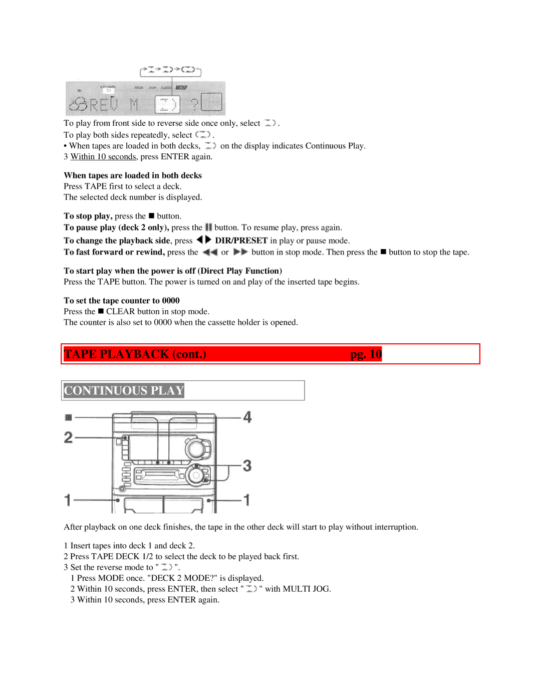 Aiwa XR-H33MD user service Continuous Play, When tapes are loaded in both decks, To set the tape counter to 