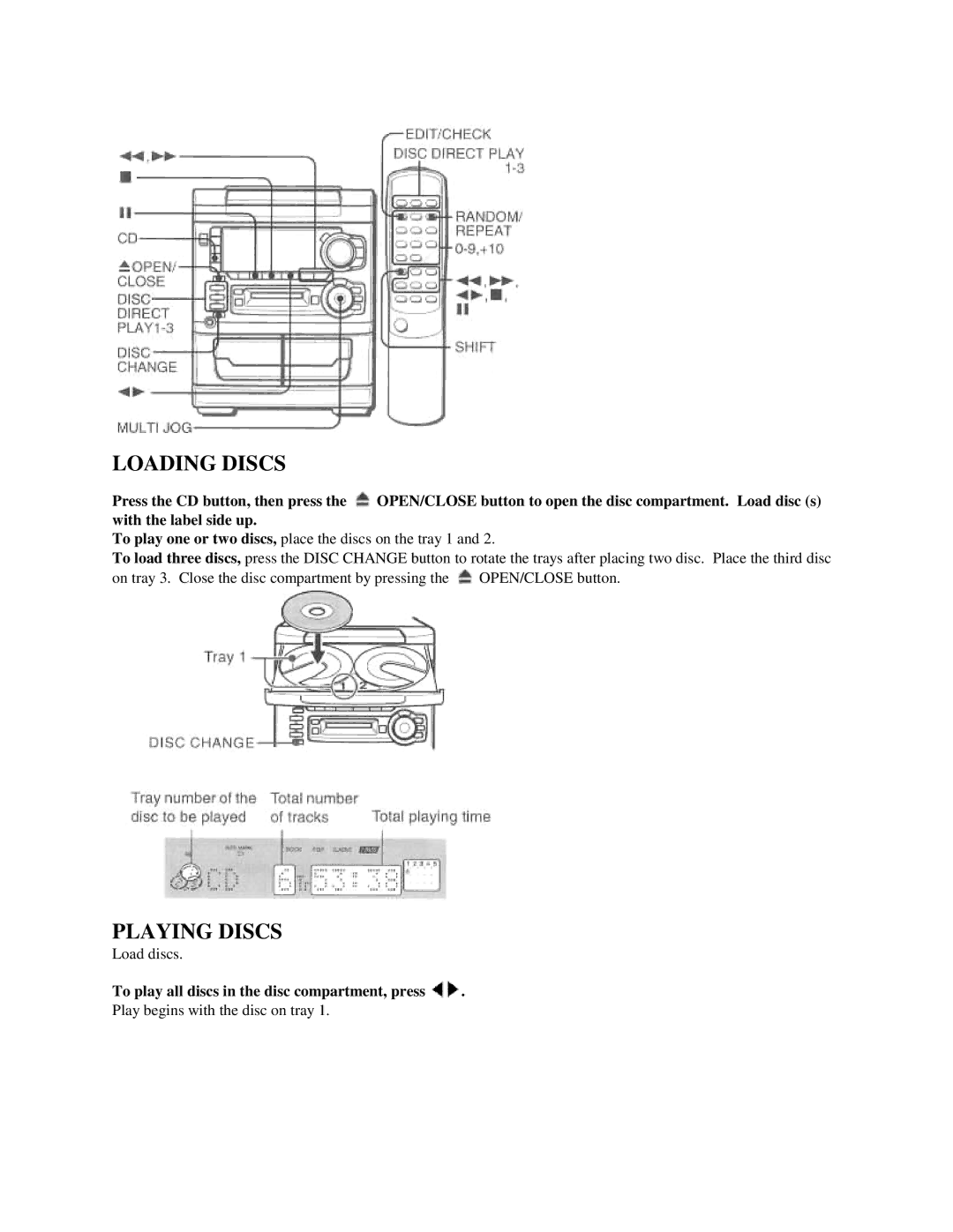 Aiwa XR-H33MD user service Loading Discs, Playing Discs, To play all discs in the disc compartment, press 