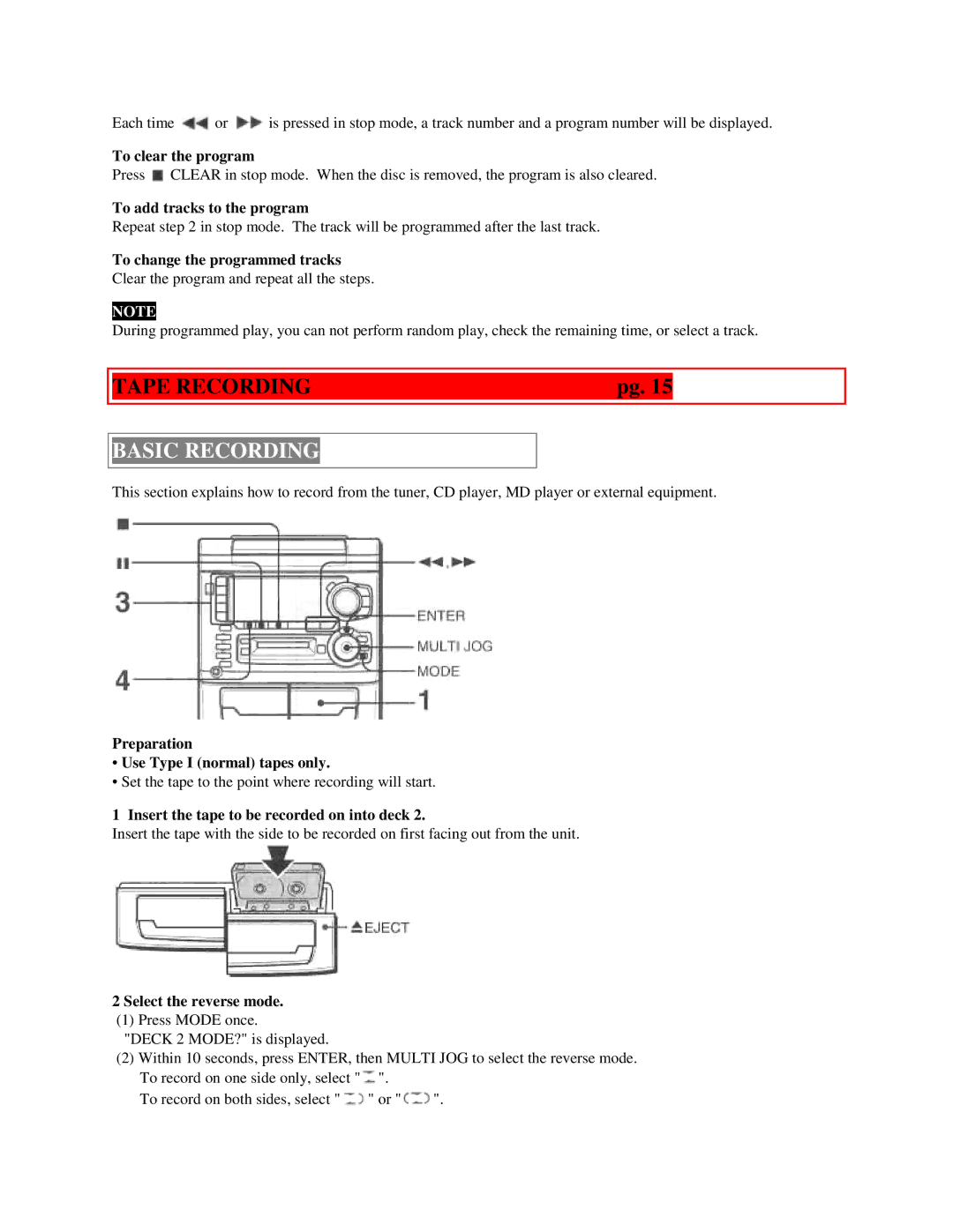 Aiwa XR-H33MD Tape Recording, Basic Recording, Preparation Use Type I normal tapes only, Select the reverse mode 