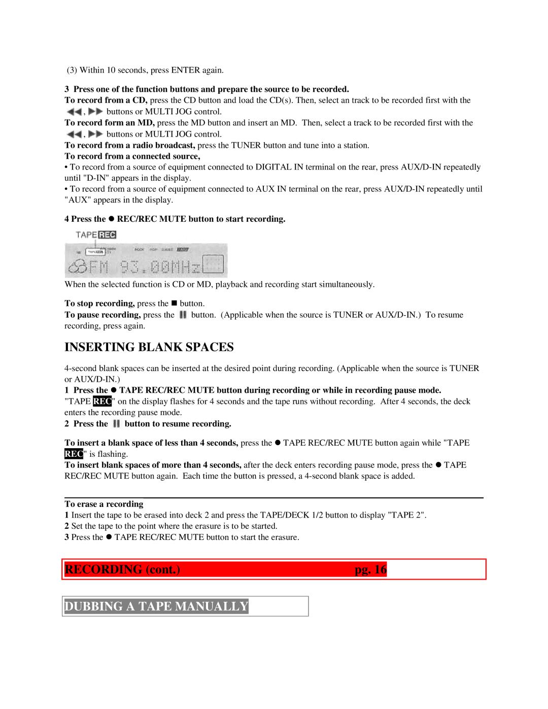 Aiwa XR-H33MD user service Inserting Blank Spaces, Dubbing a Tape Manually 