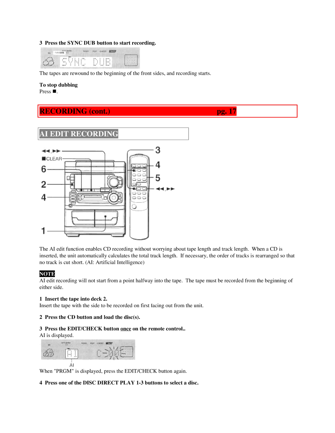 Aiwa XR-H33MD user service AI Edit Recording, Press the Sync DUB button to start recording, Insert the tape into deck 