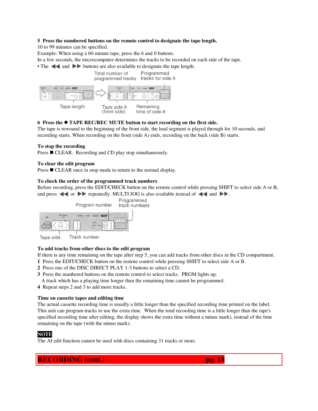 Aiwa XR-H33MD To stop the recording, To clear the edit program, To check the order of the programmed track numbers 