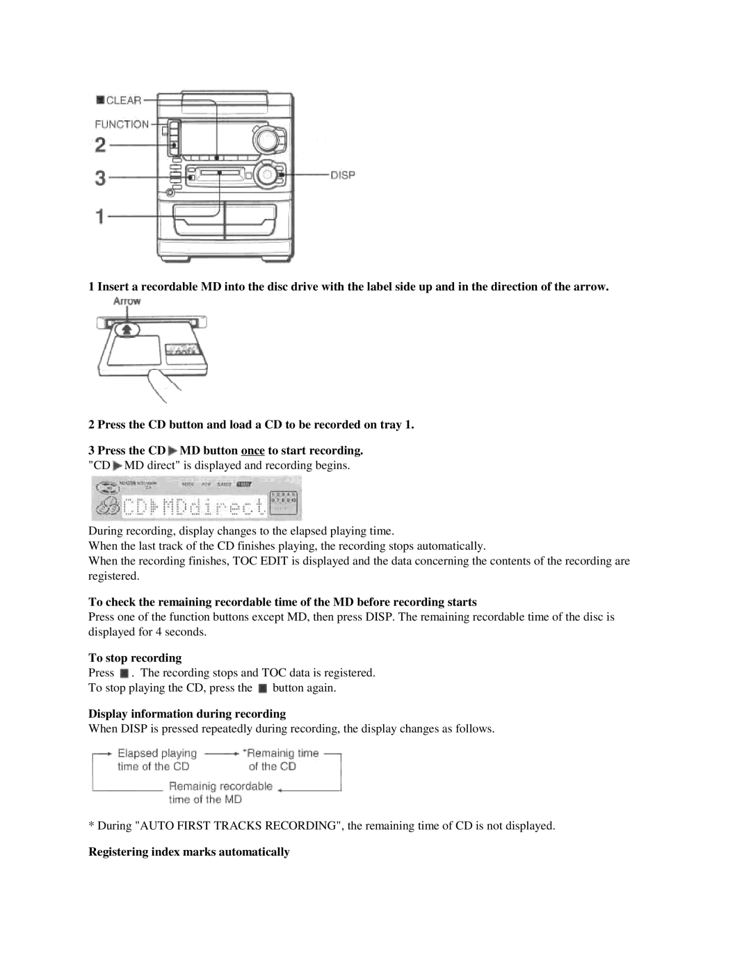 Aiwa XR-H33MD user service Display information during recording, Registering index marks automatically 