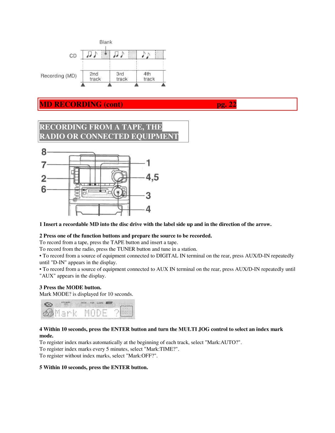 Aiwa XR-H33MD user service Recording from a TAPE, Radio or Connected Equipment, Press the Mode button 