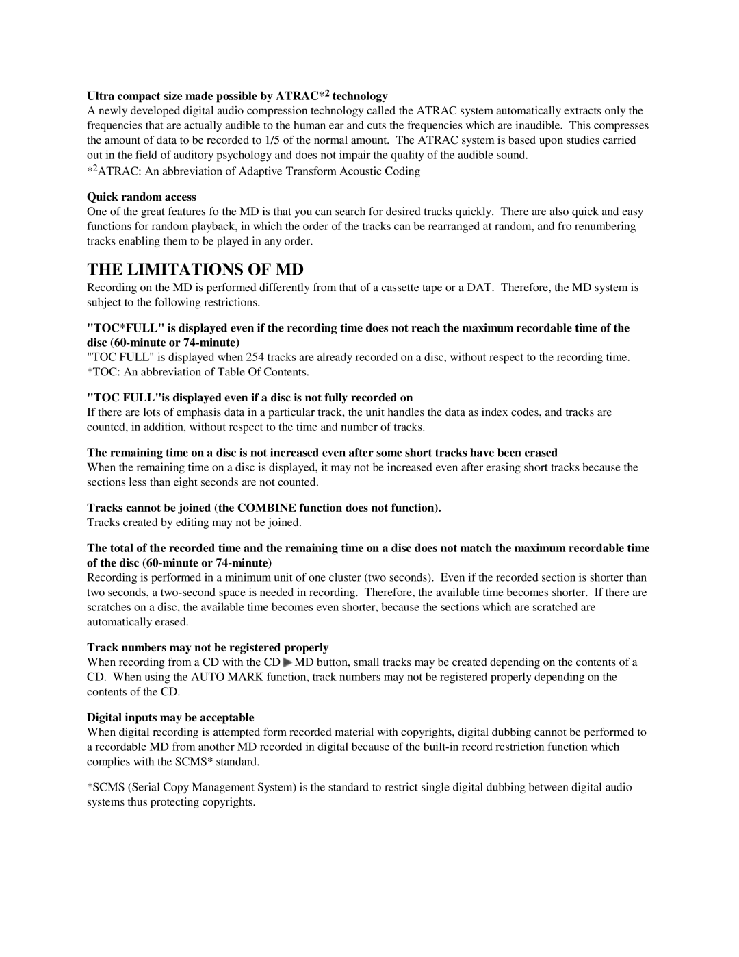 Aiwa XR-H33MD user service Limitations of MD, Ultra compact size made possible by ATRAC*2 technology, Quick random access 