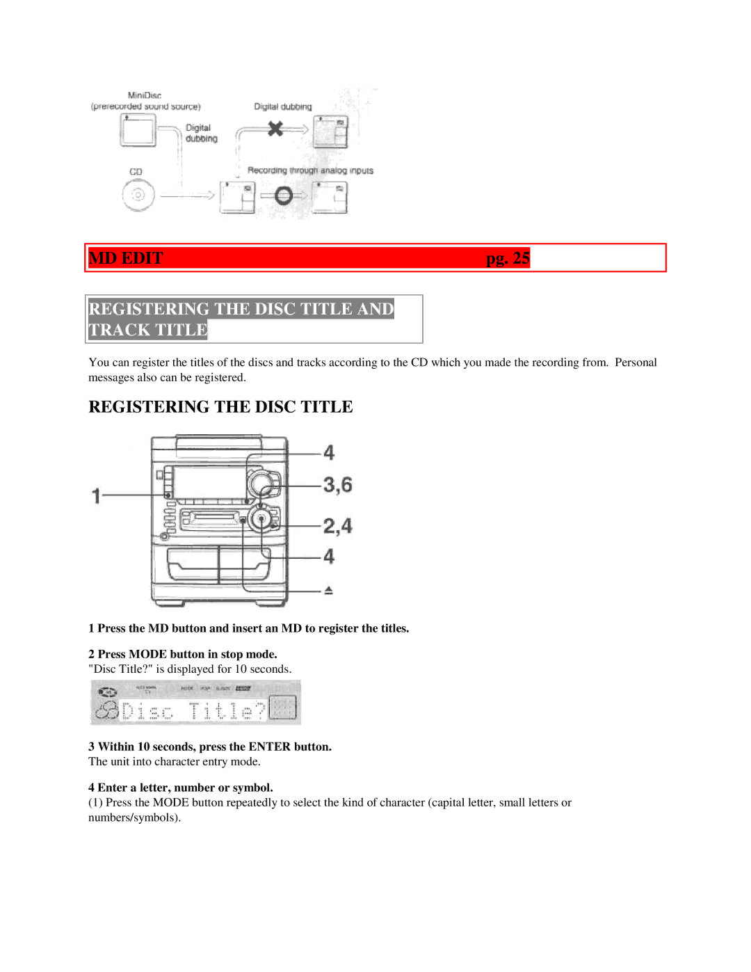 Aiwa XR-H33MD user service Registering the Disc Title Track Title, Enter a letter, number or symbol 