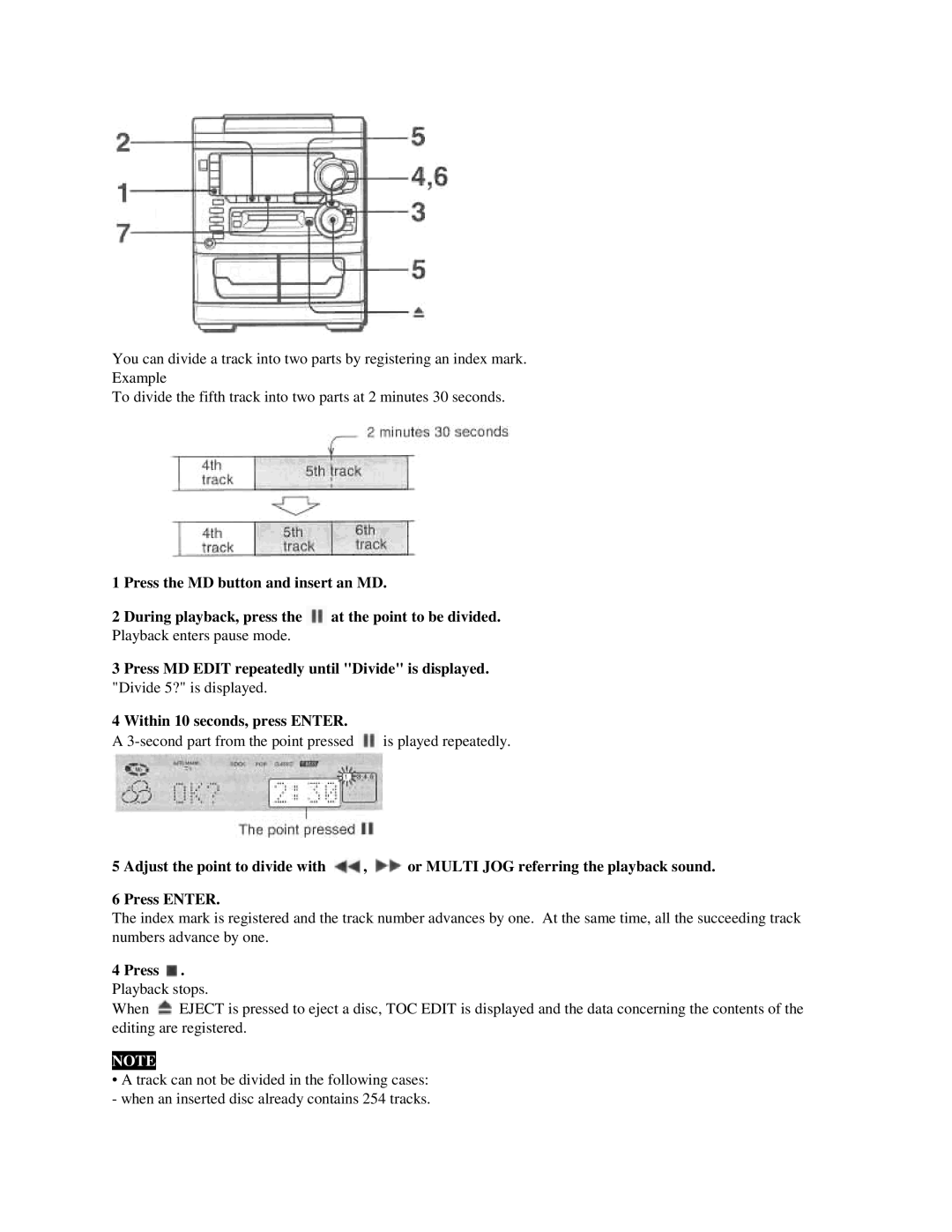 Aiwa XR-H33MD user service Press MD Edit repeatedly until Divide is displayed, Within 10 seconds, press Enter 