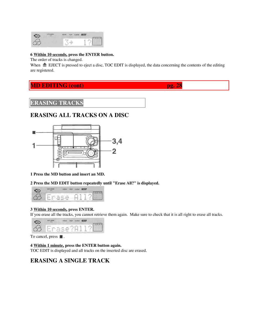 Aiwa XR-H33MD user service Erasing Tracks, Erasing ALL Tracks on a Disc, Erasing a Single Track 