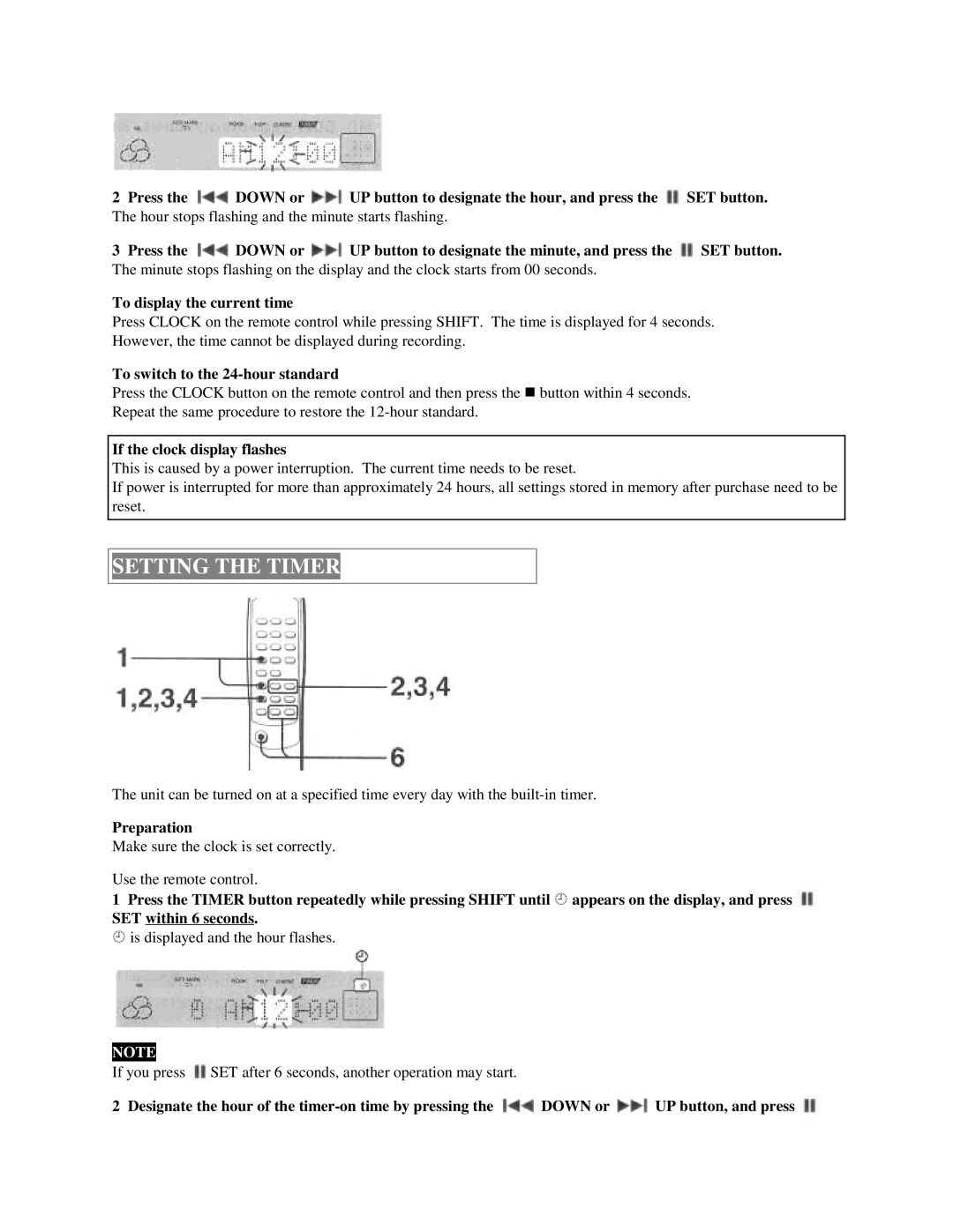 Aiwa XR-H33MD user service Setting the Timer, To switch to the 24-hour standard, If the clock display flashes, Preparation 