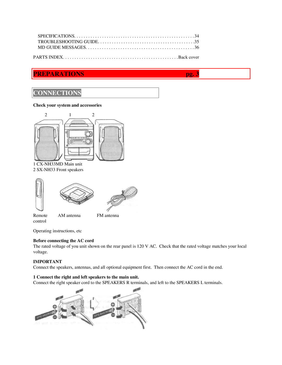 Aiwa XR-H33MD user service Preparations, Connections, Check your system and accessories, Before connecting the AC cord 