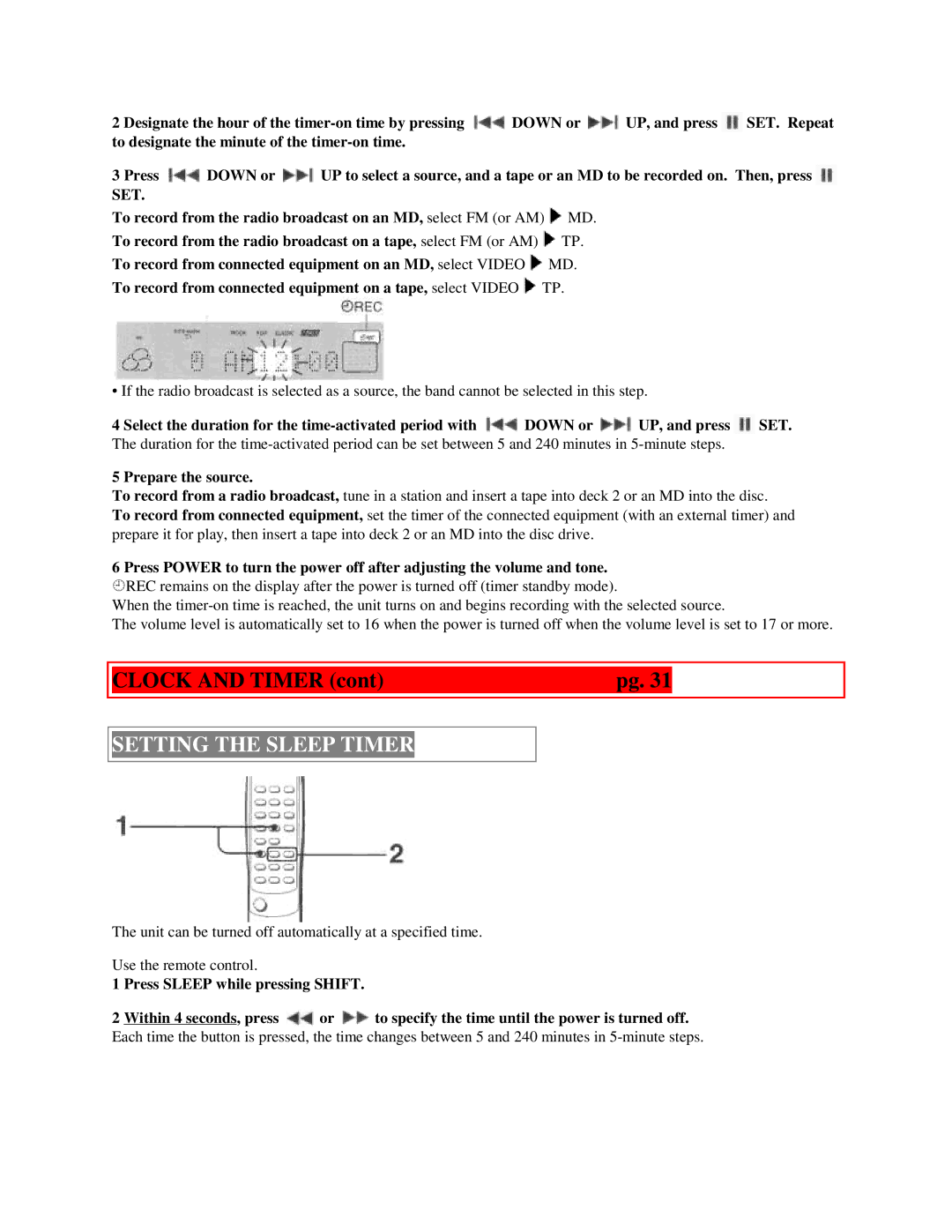 Aiwa XR-H33MD user service Setting the Sleep Timer 