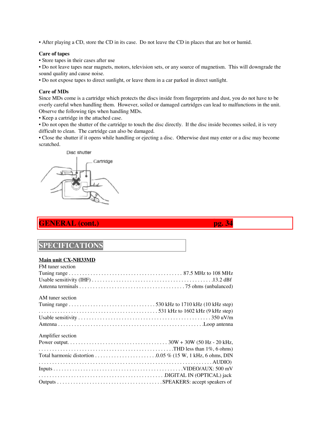 Aiwa XR-H33MD user service Specifications, Care of tapes, Care of MDs, Main unit CX-NH33MD 