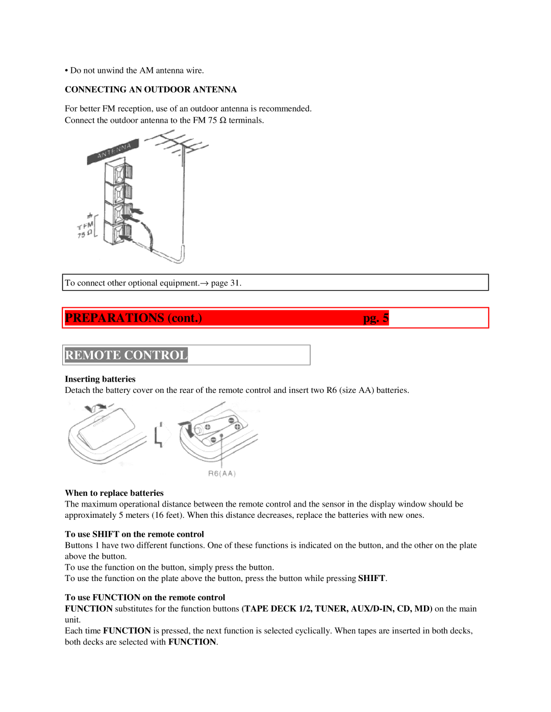 Aiwa XR-H33MD Remote Control, Inserting batteries, When to replace batteries, To use Shift on the remote control 