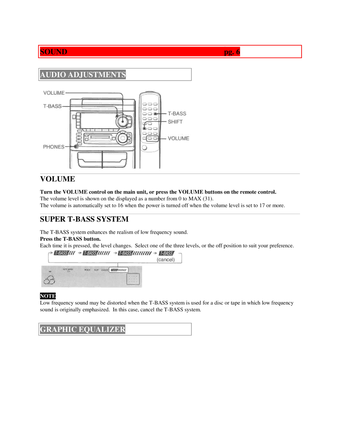 Aiwa XR-H33MD user service Sound, Audio Adjustments, Volume, Super T-BASS System, Graphic Equalizer 