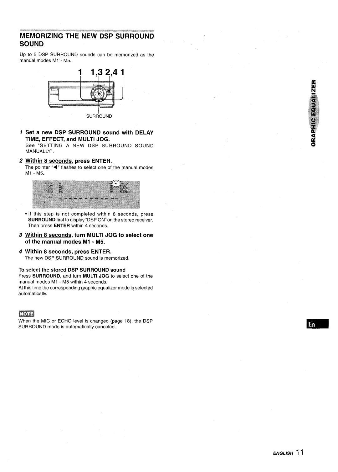 Aiwa XR-M1000 manual Memorizing the NEW DSP Surround Sound, To select the stored DSP Surround sound, English 1 