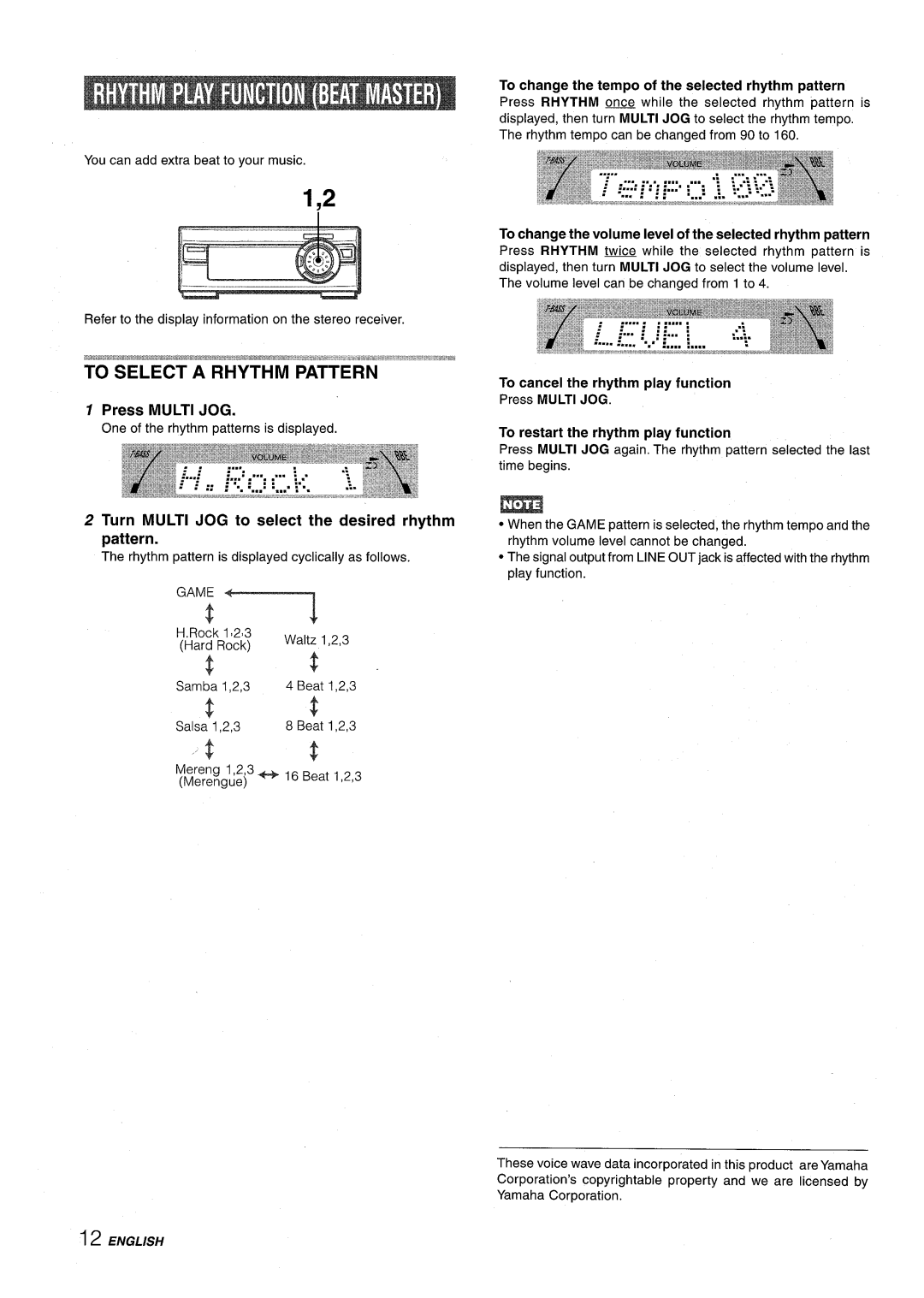 Aiwa XR-M1000 To change the tempo of the selected rhythm pattern, Press Multi JOG, To cancel the rhythm play function 