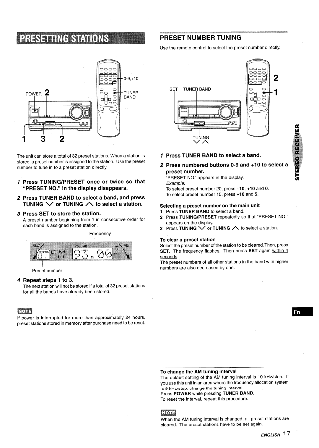 Aiwa XR-M1000 manual Preset Number Tuning, LPress SET to store the station, LRepeat steps 1 to, SET Tuner Band 