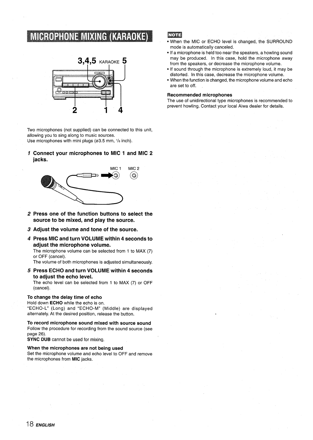 Aiwa XR-M1000 manual Connect your microphones to NllC 1 and MIC 2 jacks, Karoke, == ~~ 