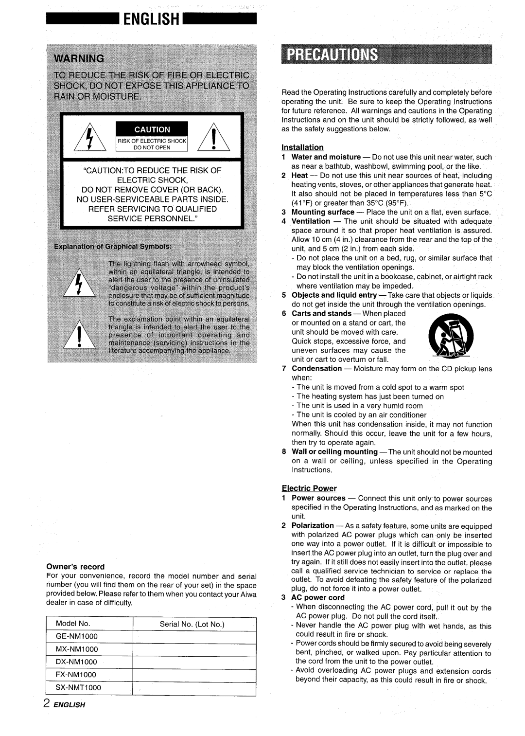 Aiwa XR-M1000 manual 7 \ IRISKOFELECTRICSHOCKI/ \ ~i%~$, GE-NMIOOO MX-NMIOOO DX-NM1OOO FX-NM1OOO SX-NMTIOOO, English 