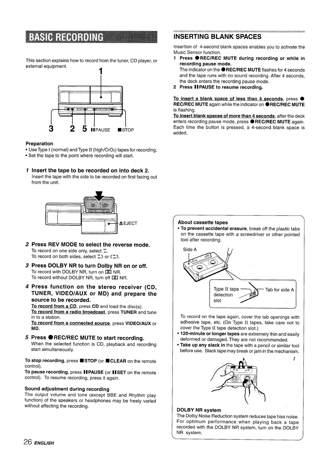 Aiwa XR-M1000 Inserting Blank Spaces, Insert the tape to be recorded on into deck, Press REC/REC Mute to start recording 