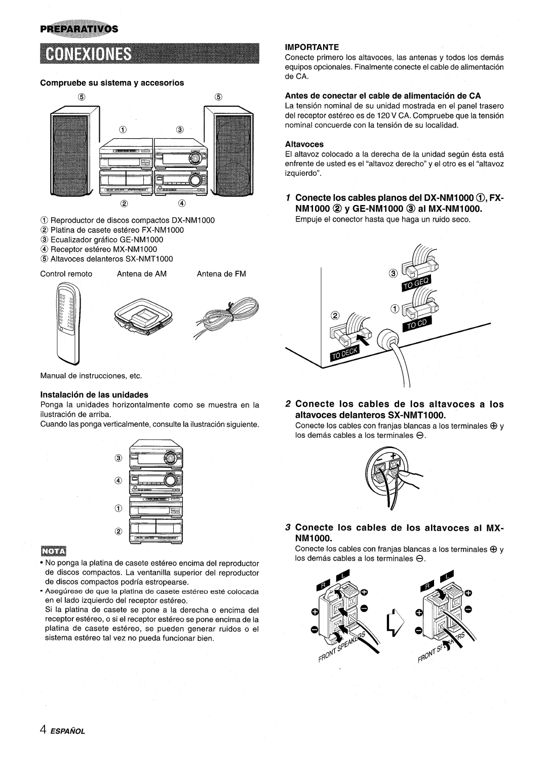 Aiwa XR-M1000 manual Compruebe su sistema y accesorios, Antes de conectar, De CA, Instalacion de Ias unidades 