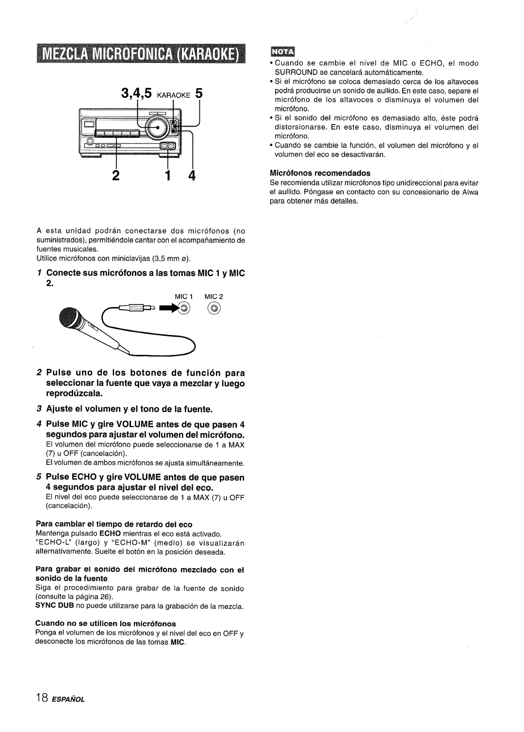 Aiwa XR-M1000 manual Conecte sus microfonos a Ias tomas MIC 1 y MIC, MIC1 MIC2 