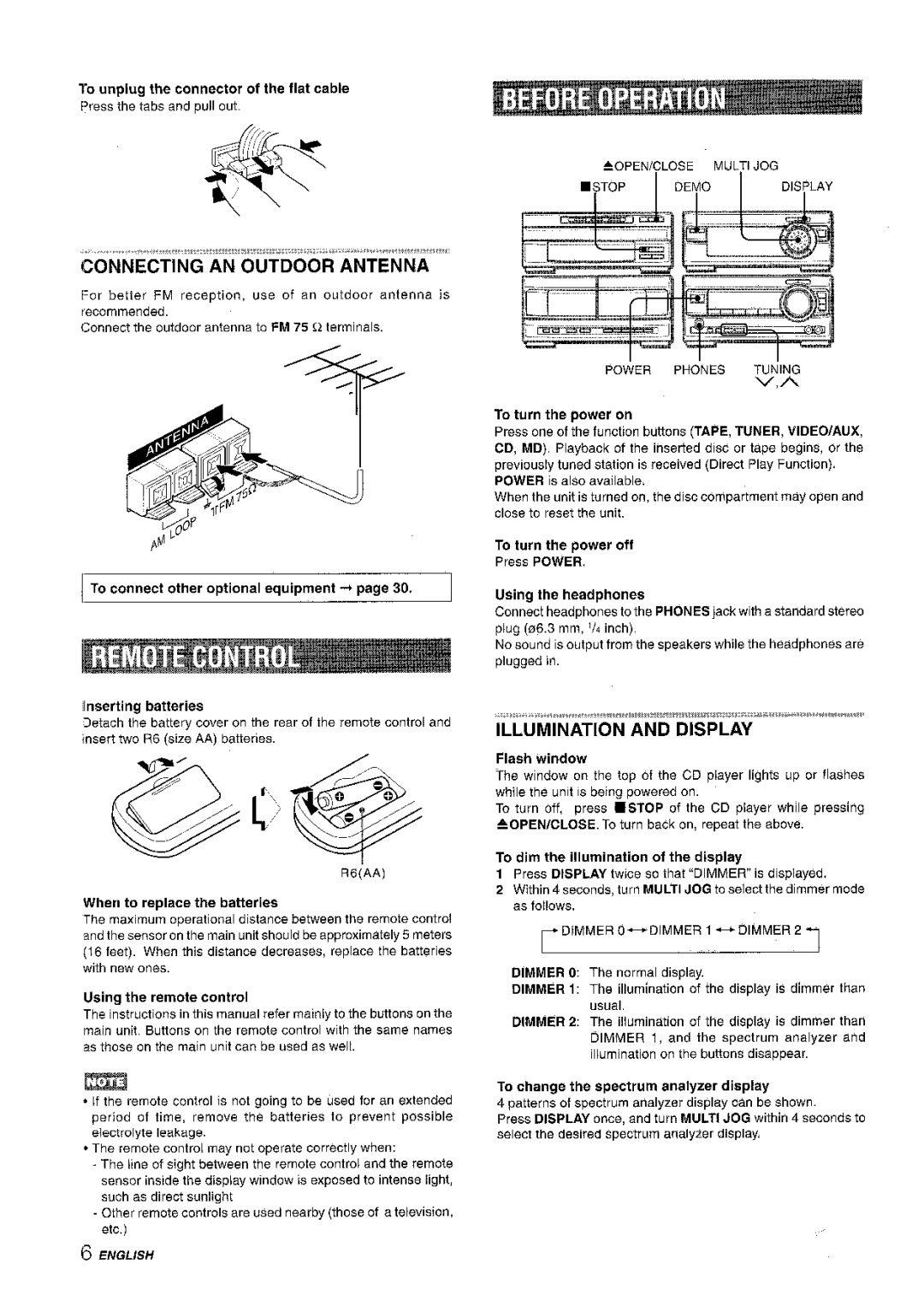 Aiwa XR-M1000 To unplug the connector of the flat cable, Using the remote control, To turn the power on, Flash window 