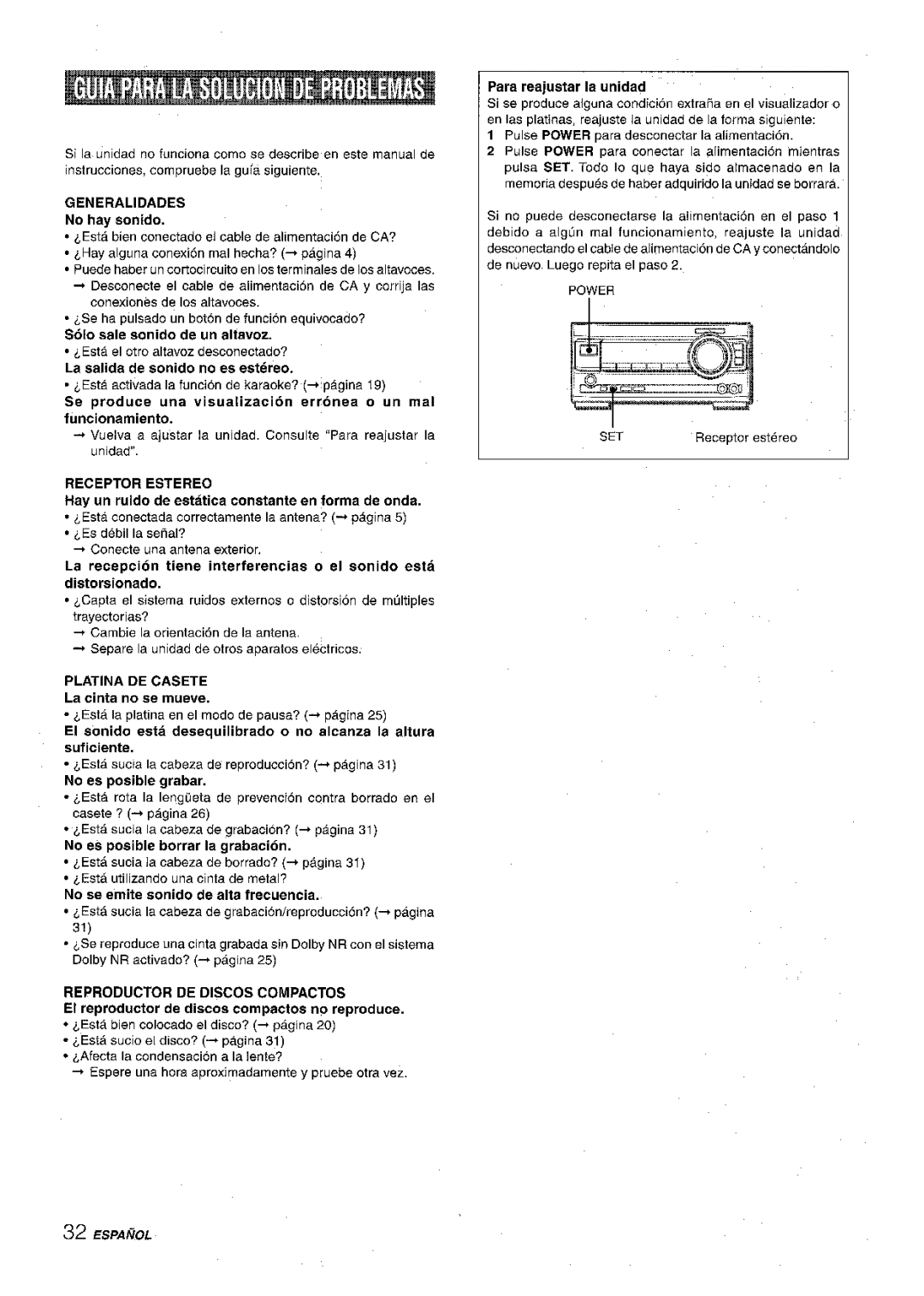 Aiwa XR-M1000 manual Para reajustar la unidad, Generalidades, Receptor Estereo, Reproductor DE Discos Compactos, Power SET 