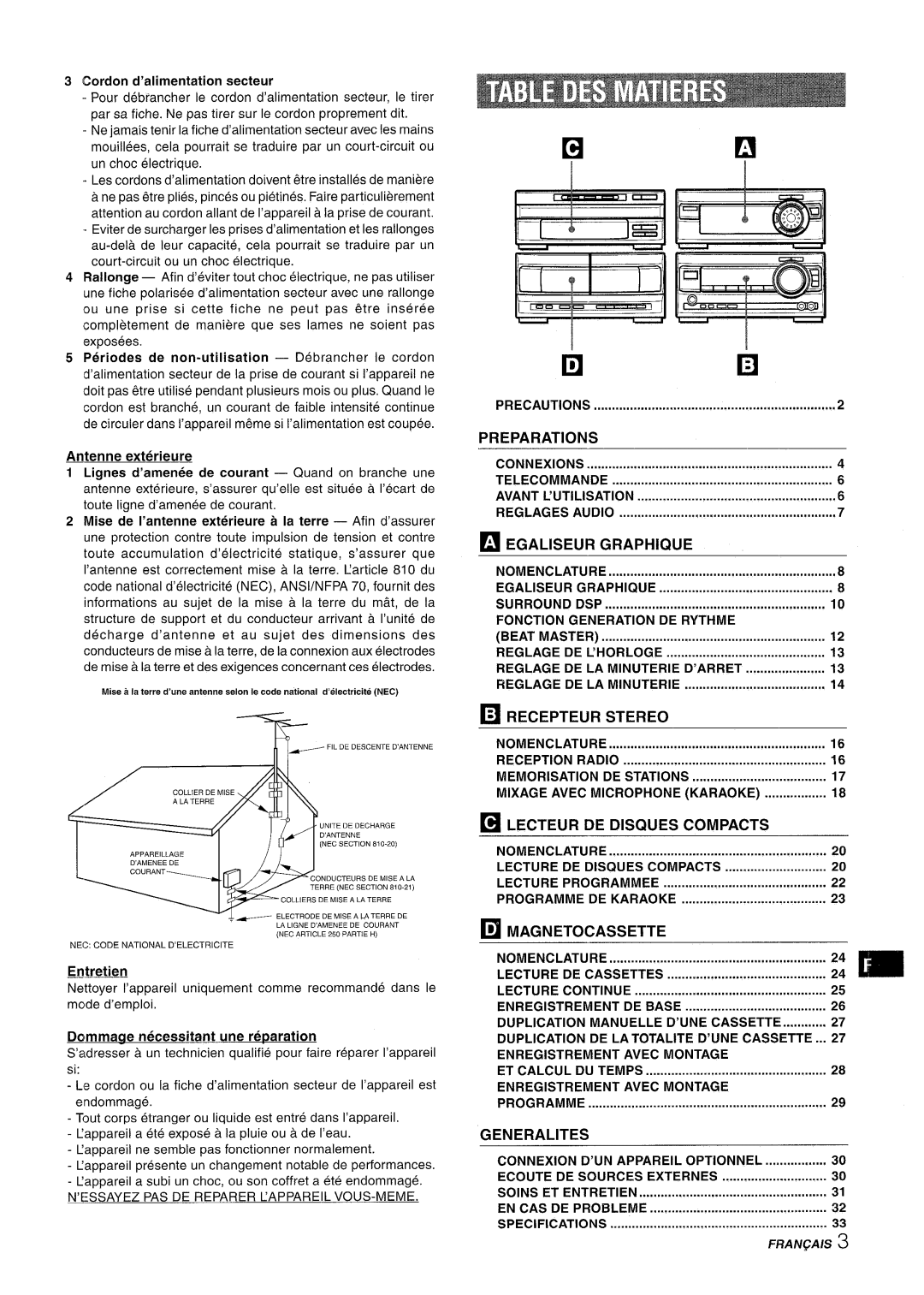 Aiwa XR-M1000 manual Egaliseur Graphique, Stereo, Lecteur DE Disques Compacts, Magnetocassette, Generalities 