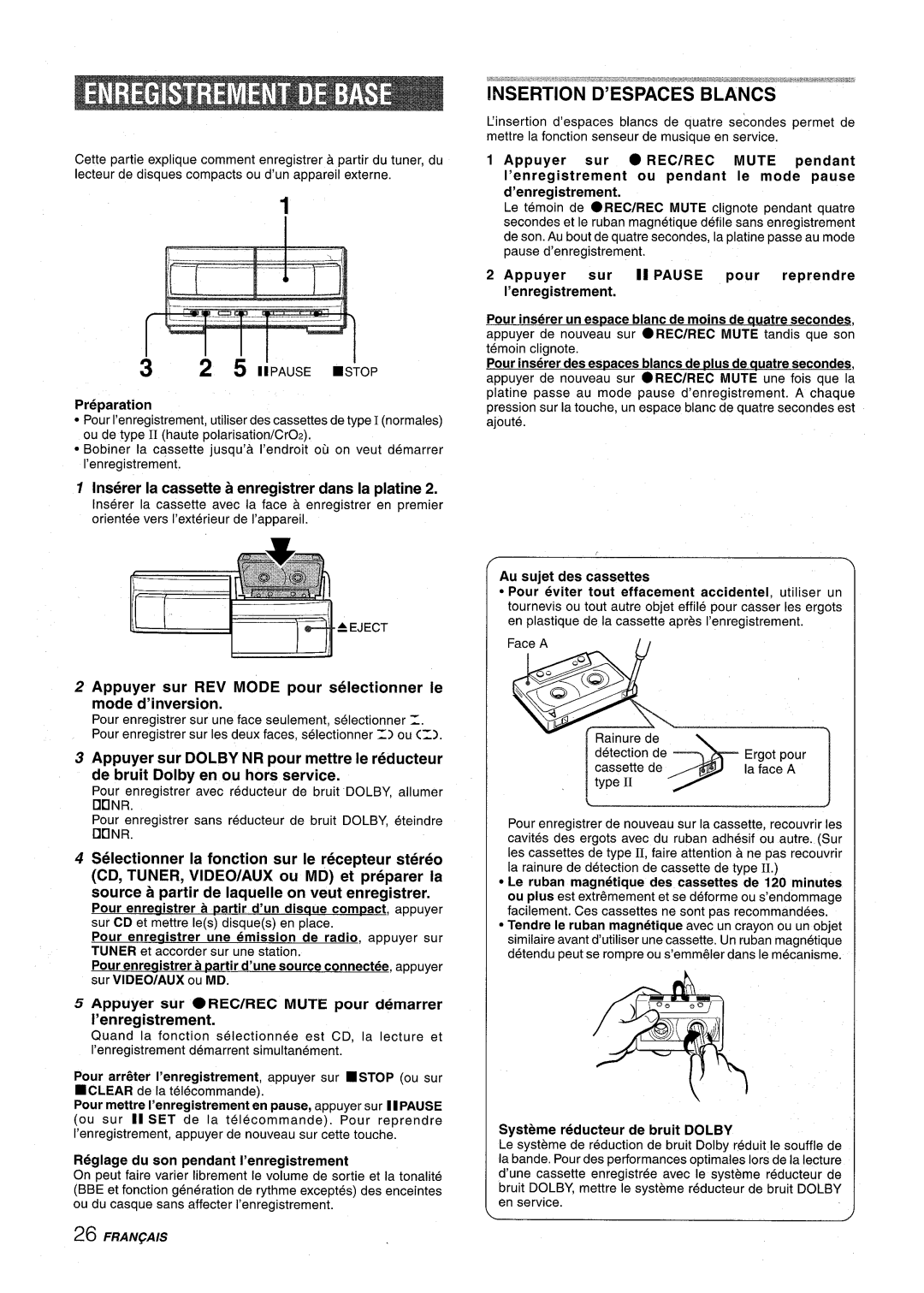 Aiwa XR-M1000 manual Inserer la cassette a enregistrer clans la platine, ’enregistrement 