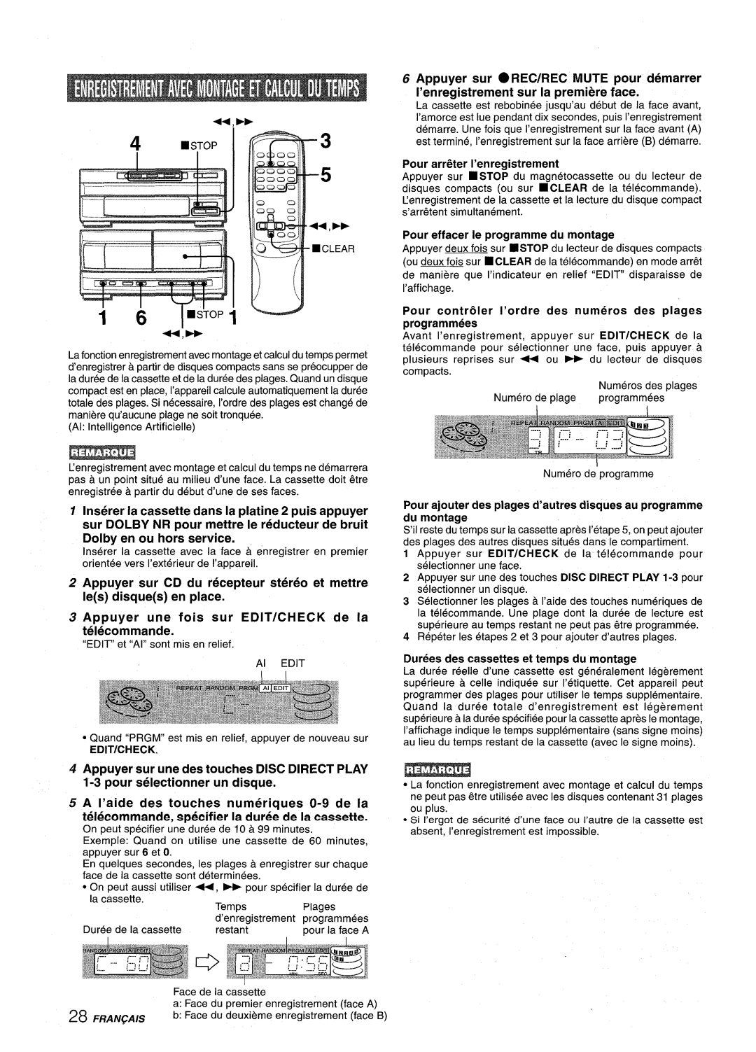 Aiwa XR-M1000 44 EP, Edit/Check, Face du premier enregistrement face a, Face du deuxieme enegistrement face’ B, Francais 