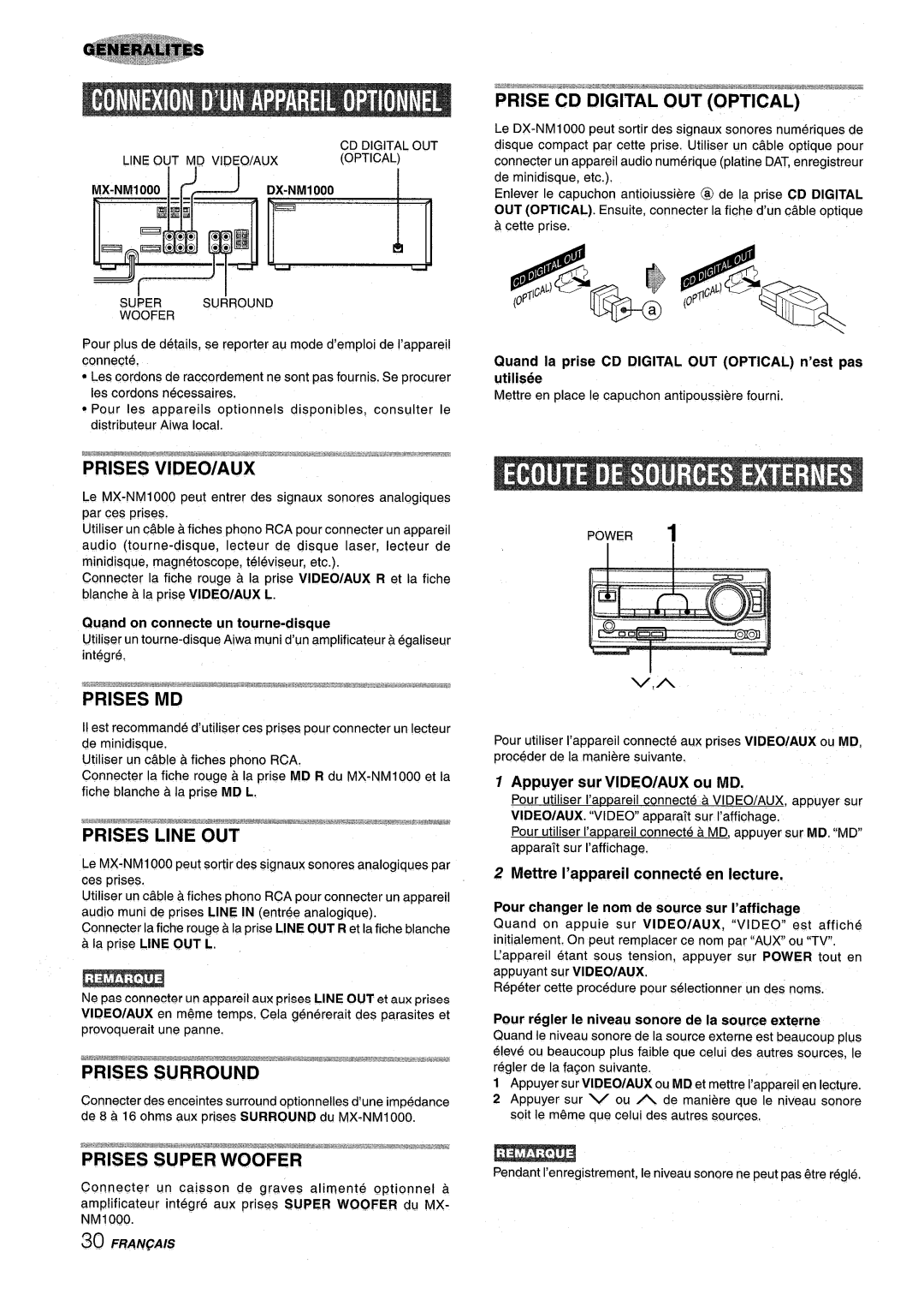 Aiwa XR-M1000 manual Prise CD Digital OUT Optical 